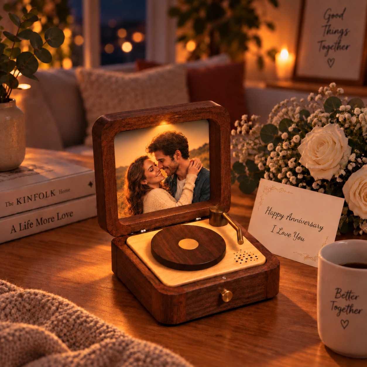 Personalized Wooden Record Player Music Box with Photo & Engraving - Perfect Anniversary & Wedding Gift for Couples
