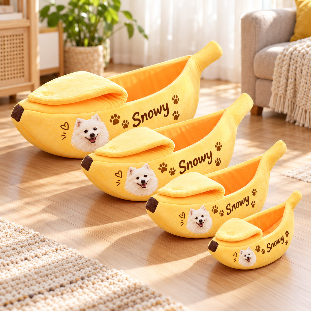 Custom Pet Photo & Name Banana Cat Bed, Personalized Cozy Soft Plush Covered Cave Bed for Cats & Dogs - 