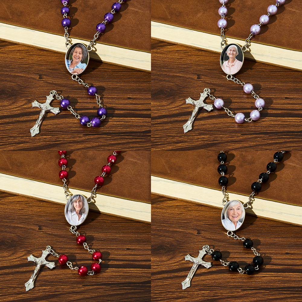 Custom Rosary Beads Cross Necklace Sentimental Memorial Gifts for Catholics Personalized Glass Imitation Pearls Necklace with Photo