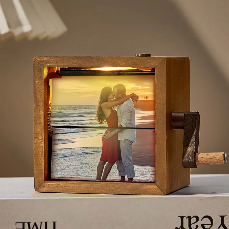 Valentine's Gifts Personalized Photo Flip Book Frame Animation Machine Mechanical Hand-cranked Photo Album with Light Black Walnut Photo Cube Frame