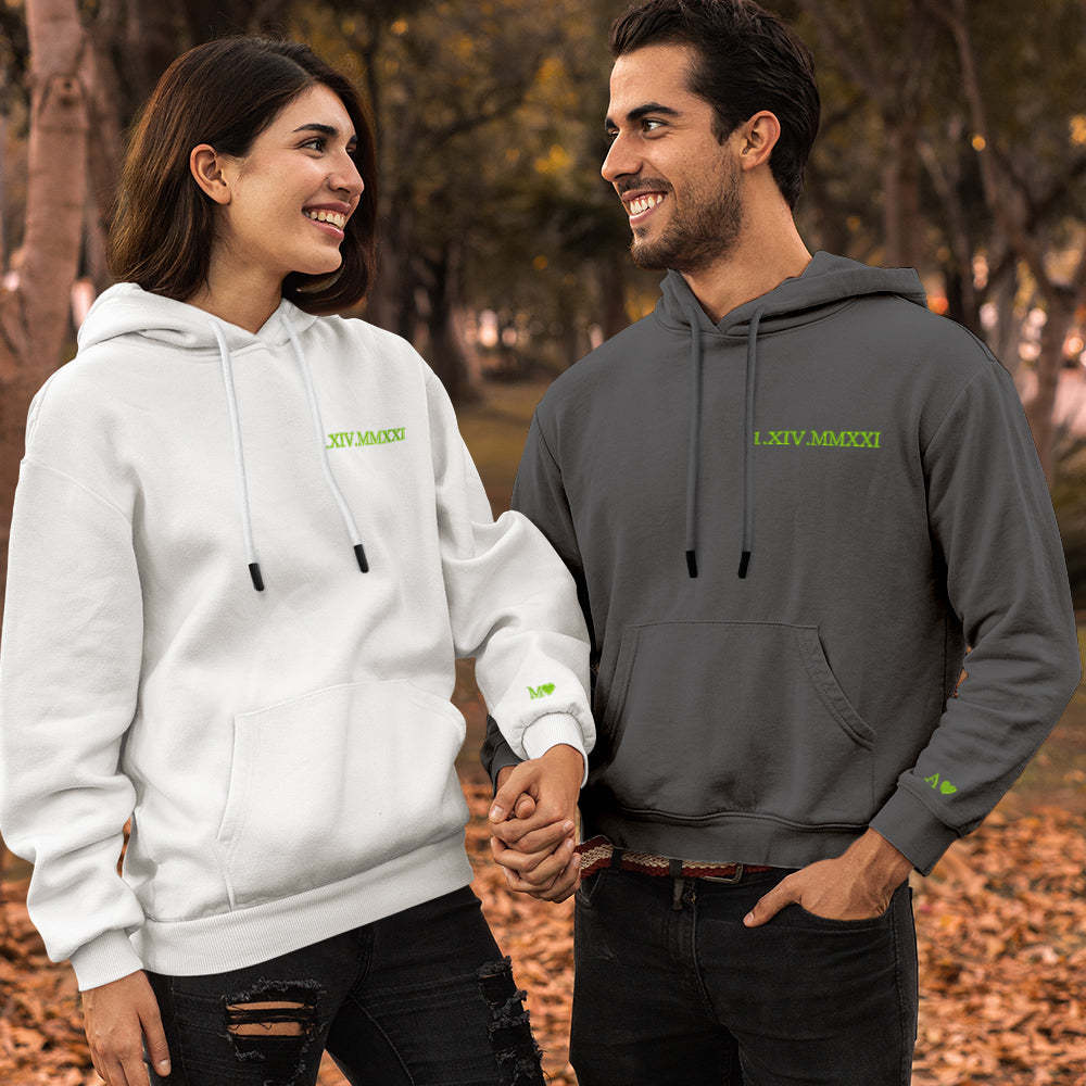 Custom Engraved Hooded Embroidery Round Neck Roman Numeral Date Couple Gifts - 