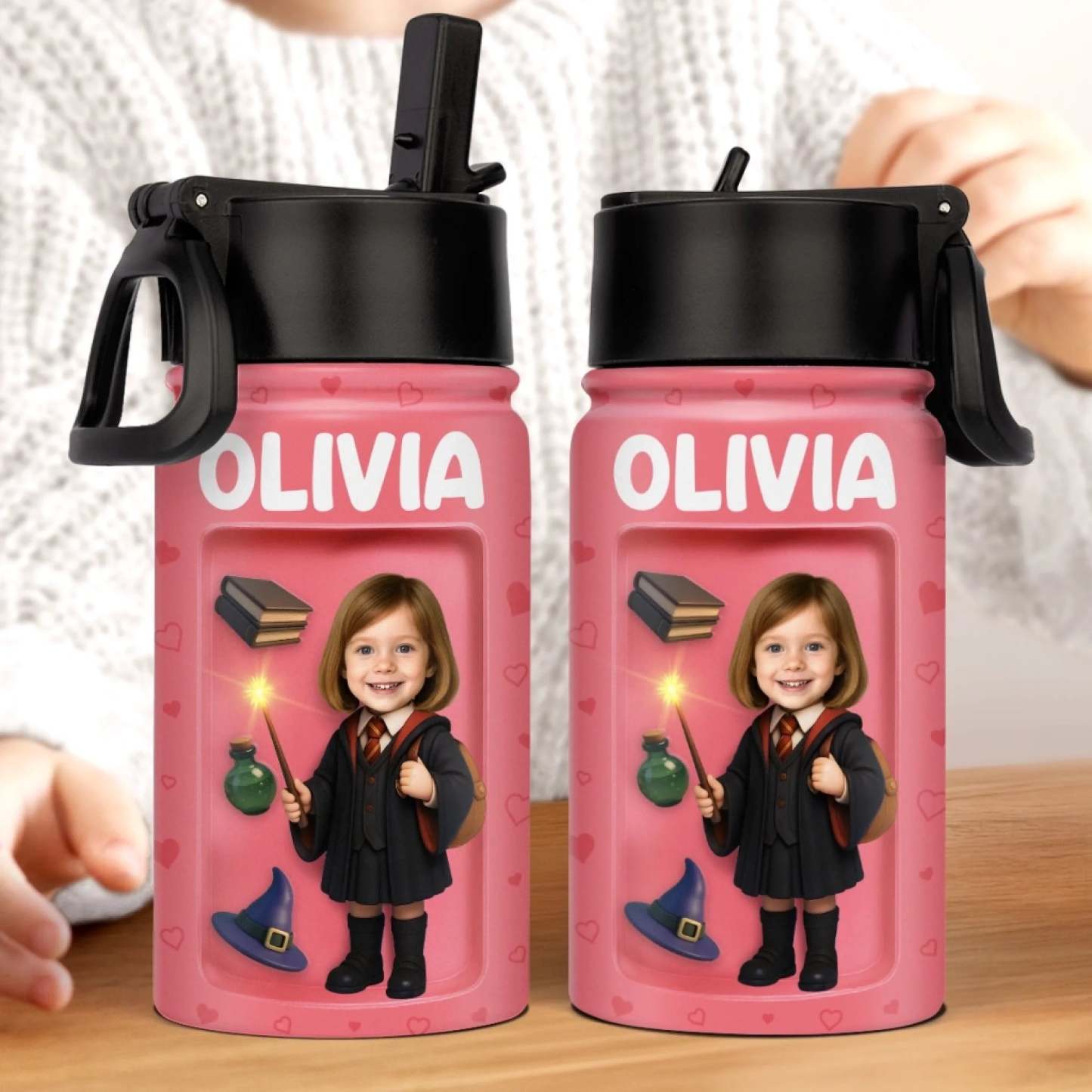 Custom Photo 3D Inflated Effect Printed Kids Water Bottle - Personalized Back To School Gifts For Kids