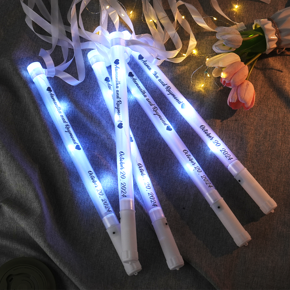 Personalized Light Up LED Stick Wedding Wands with Ribbon Lights Wedding Party Favor - - myphotowallet