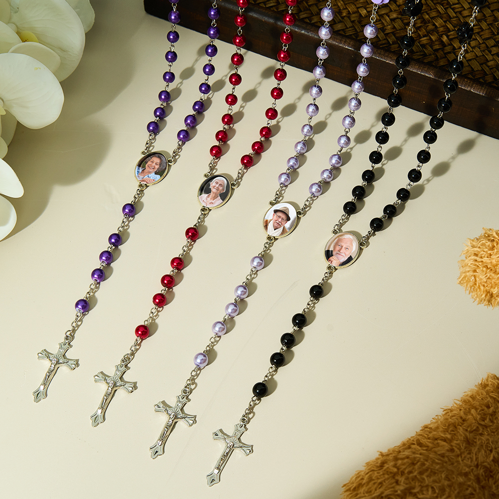 Custom Rosary Beads Cross Necklace Sentimental Memorial Gifts for Catholics Personalized Glass Imitation Pearls Necklace with Photo