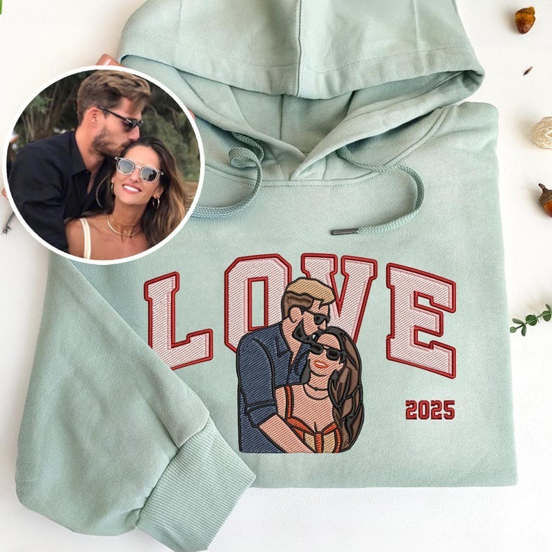 Custom Embroidered Couple Portrait Photo Hoodie -