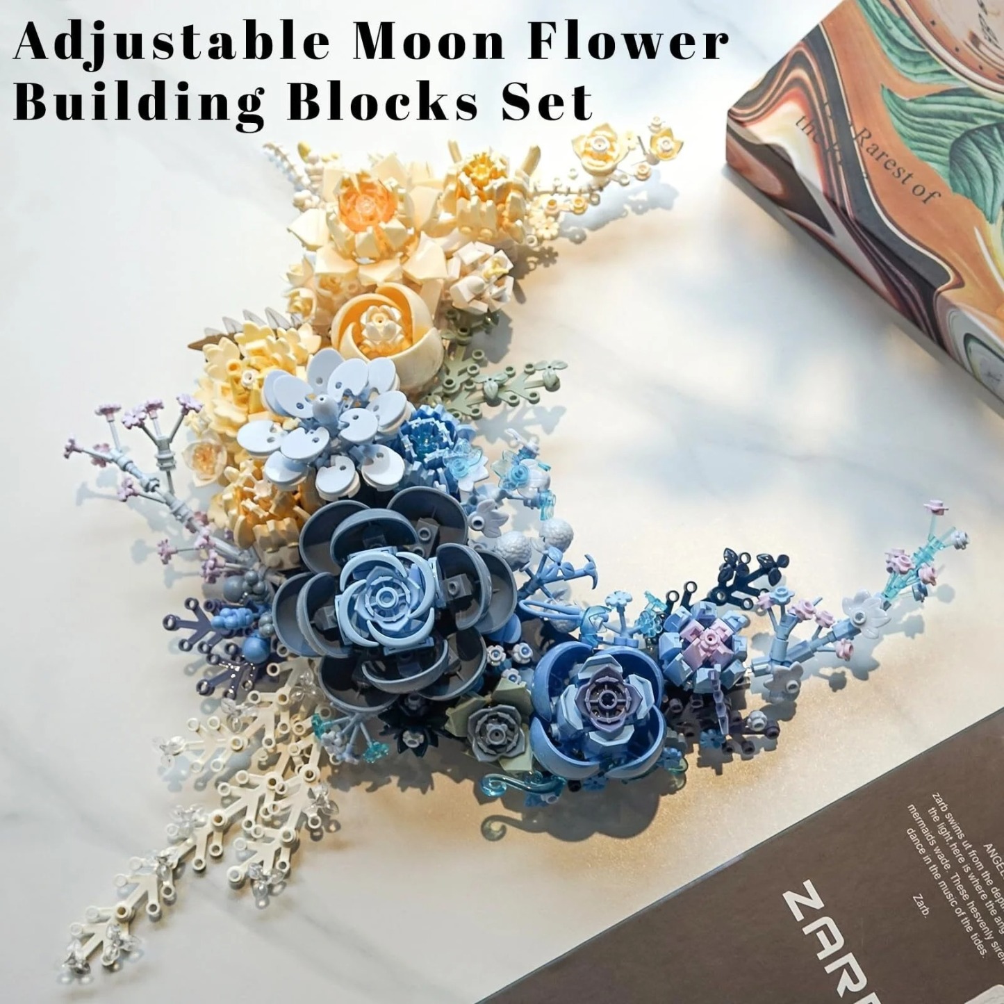 Blue Moon Flower Building Set, Botanical Collection Crescent-Shaped Artificial Flowers Building Blocks Kit Compatible with Lego for Adults Home Décor Wall Art Decoration