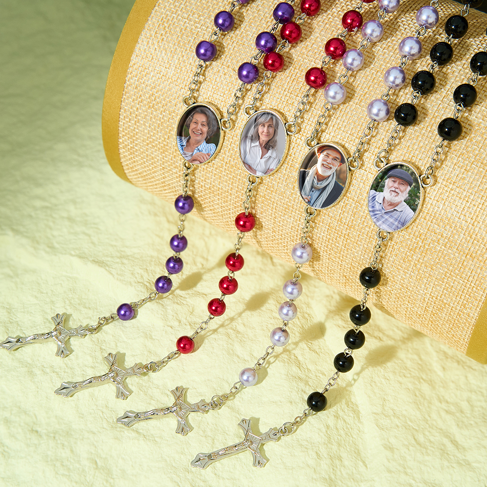 Custom Rosary Beads Cross Necklace Sentimental Memorial Gifts for Catholics Personalized Glass Imitation Pearls Necklace with Photo