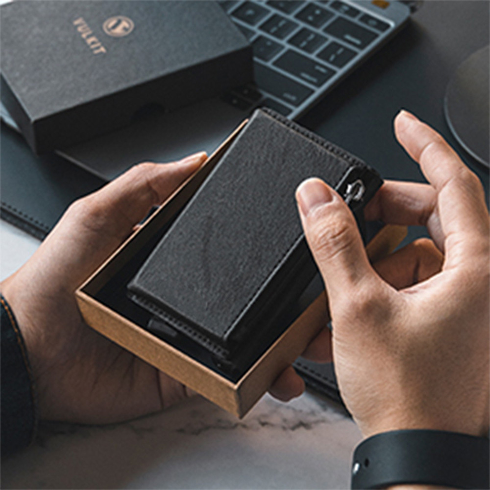 Zippered Change Pocket Genuine Leather Wallet & Pop-up RFID Blocking Ultra-thin Aluminum Card Case - Stylish and Secure Storage Solution