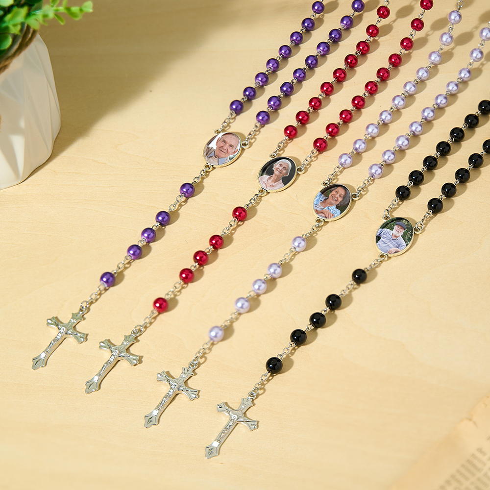 Custom Rosary Beads Cross Necklace Sentimental Memorial Gifts for Catholics Personalized Glass Imitation Pearls Necklace with Photo