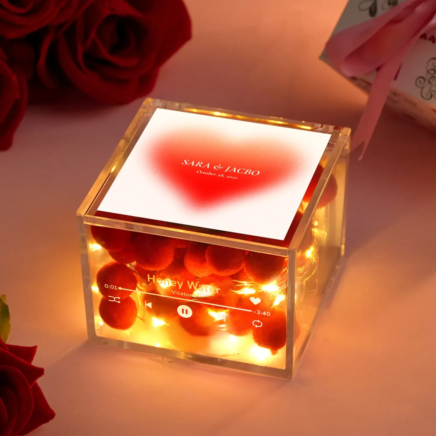 Premium Mini Music Record Auto-Music Player Custom Photo with Light Personalized Music Acrylic Box - MyFaceTshirt