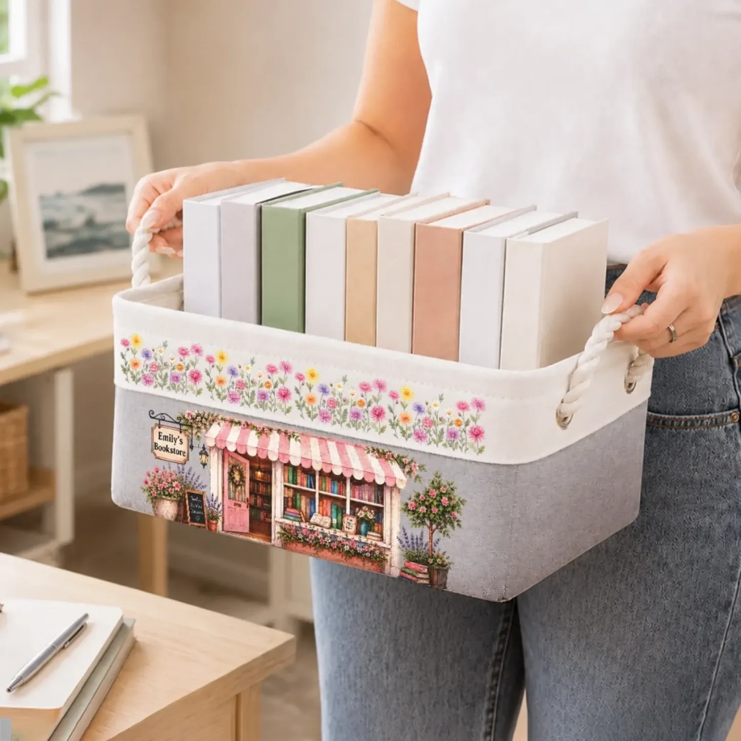 Custom Birth Flower Bookstore Storage Basket – Personalized Book Lover Desktop Organizer Box Gift for Reader, Librarian & Bookworm