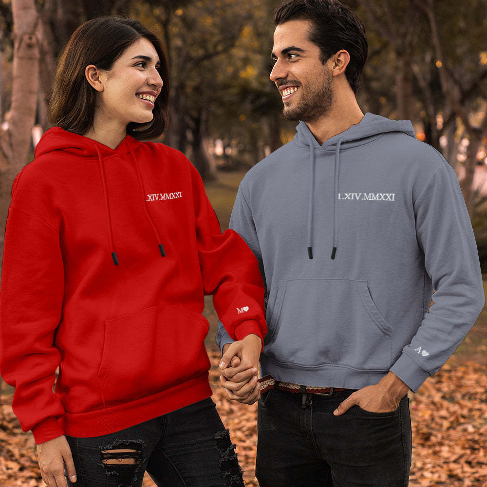 Custom Engraved Hooded Embroidery Round Neck Roman Numeral Date Couple Gifts - 