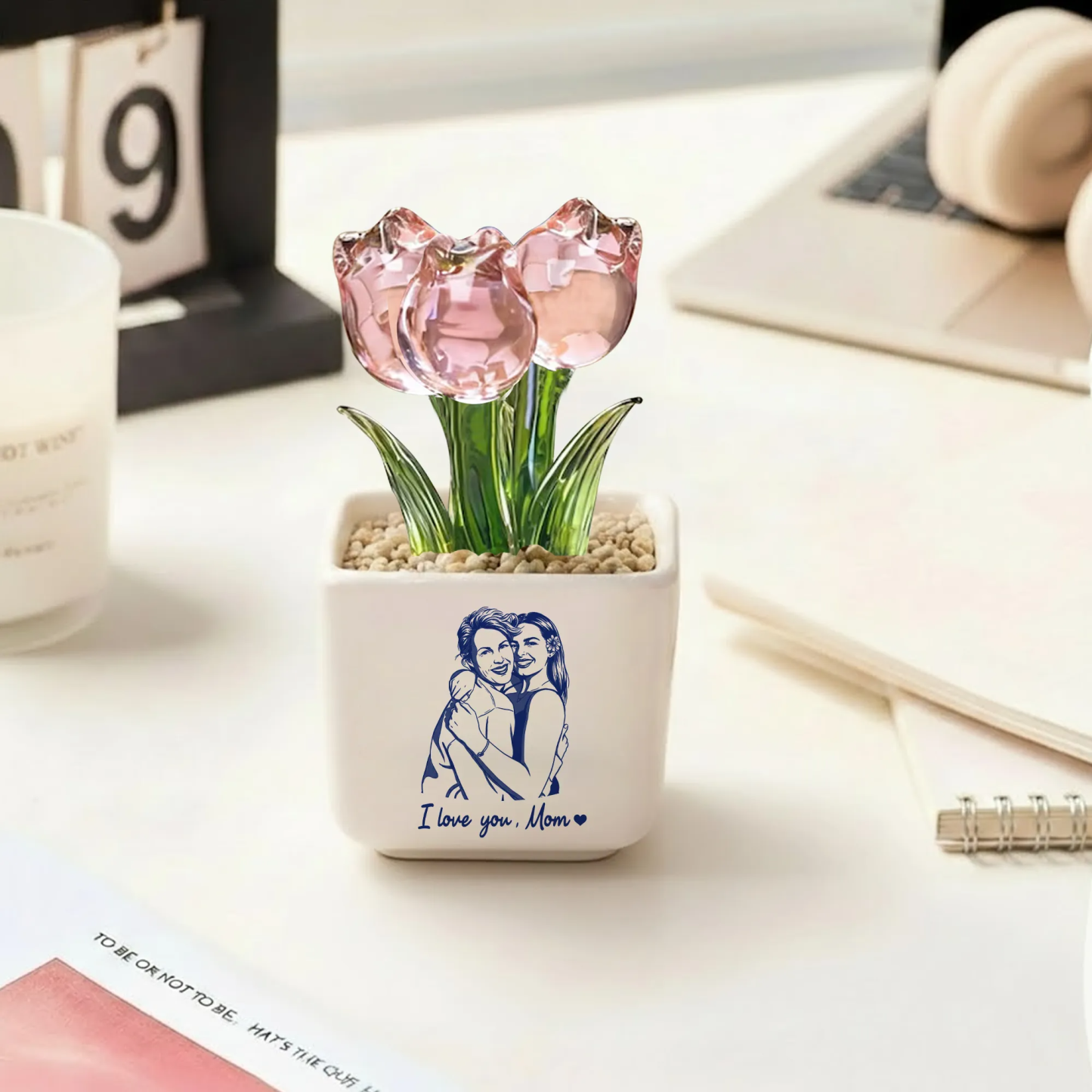 Personalized Photo Glass Tulip Potted Plant - Custom Flower Pot with Picture, Photo Gift for Mom, Mother’s Day Gift, Birthday Gift for Mom - Personalized Photo Glass Tulip