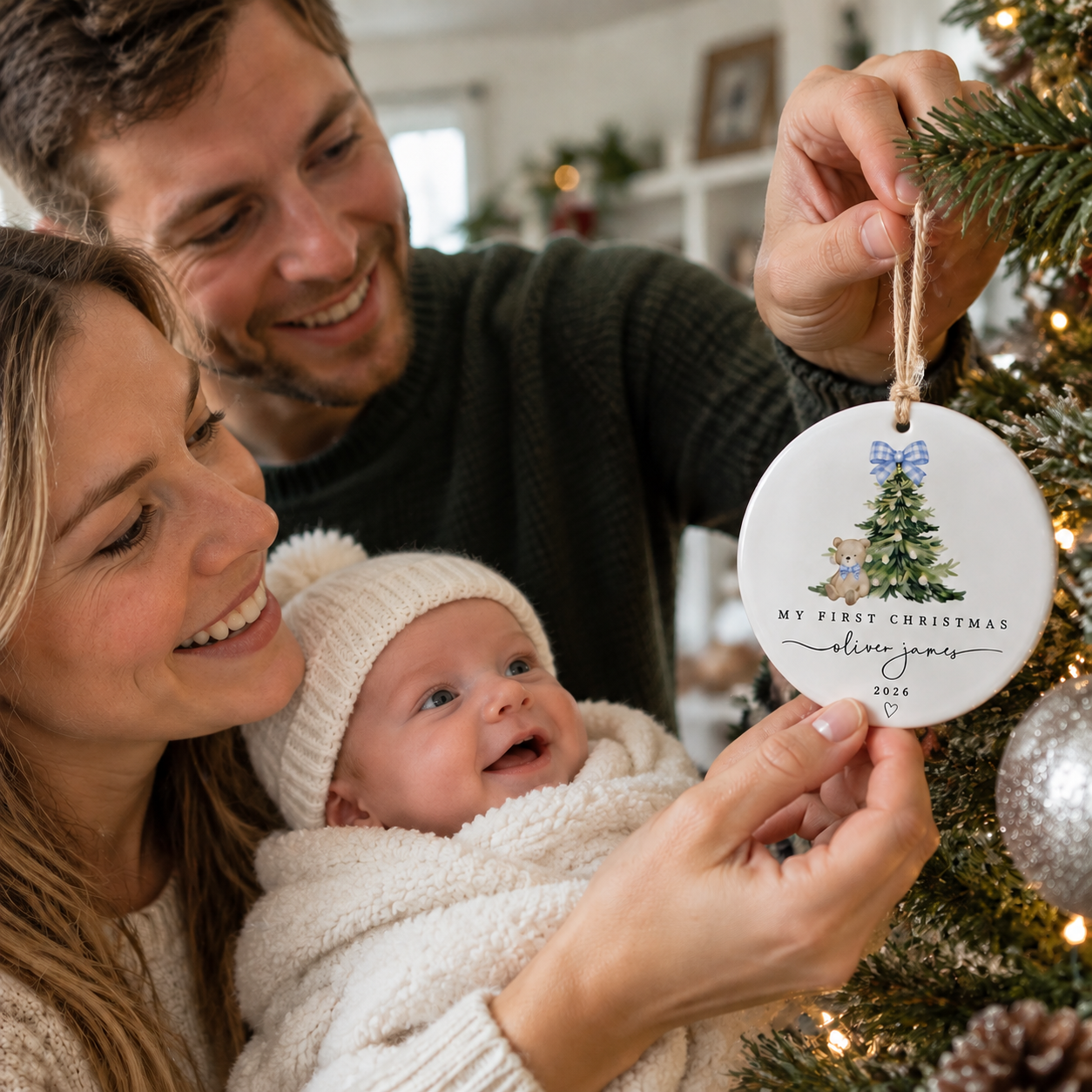 Personalized Baby's First Christmas Ornament, Custom Name & Year Ceramic Keepsake, Christmas Tree Decoration Gift for Baby Boy & Girl