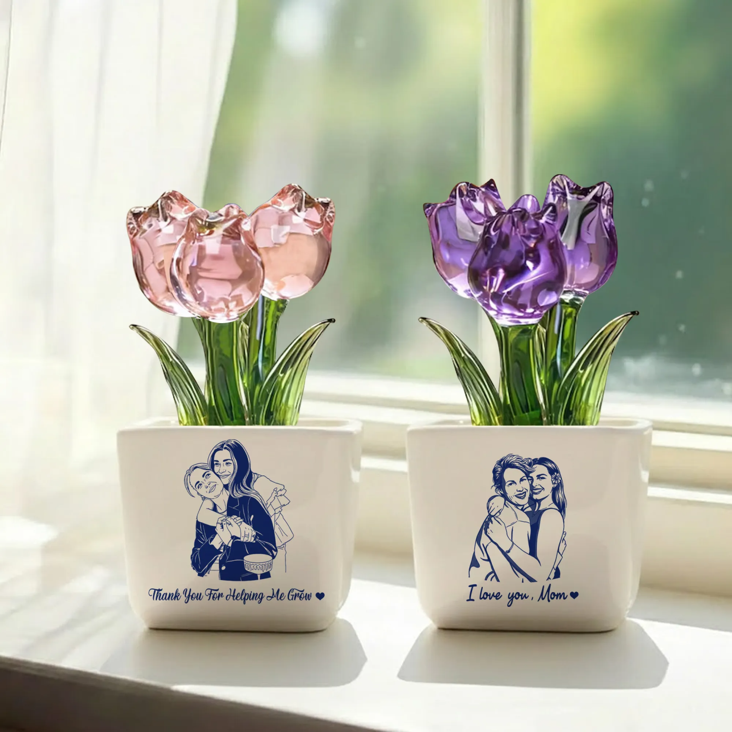 Personalized Photo Glass Tulip Potted Plant - Custom Flower Pot with Picture, Photo Gift for Mom, Mother’s Day Gift, Birthday Gift for Mom - Personalized Photo Glass Tulip