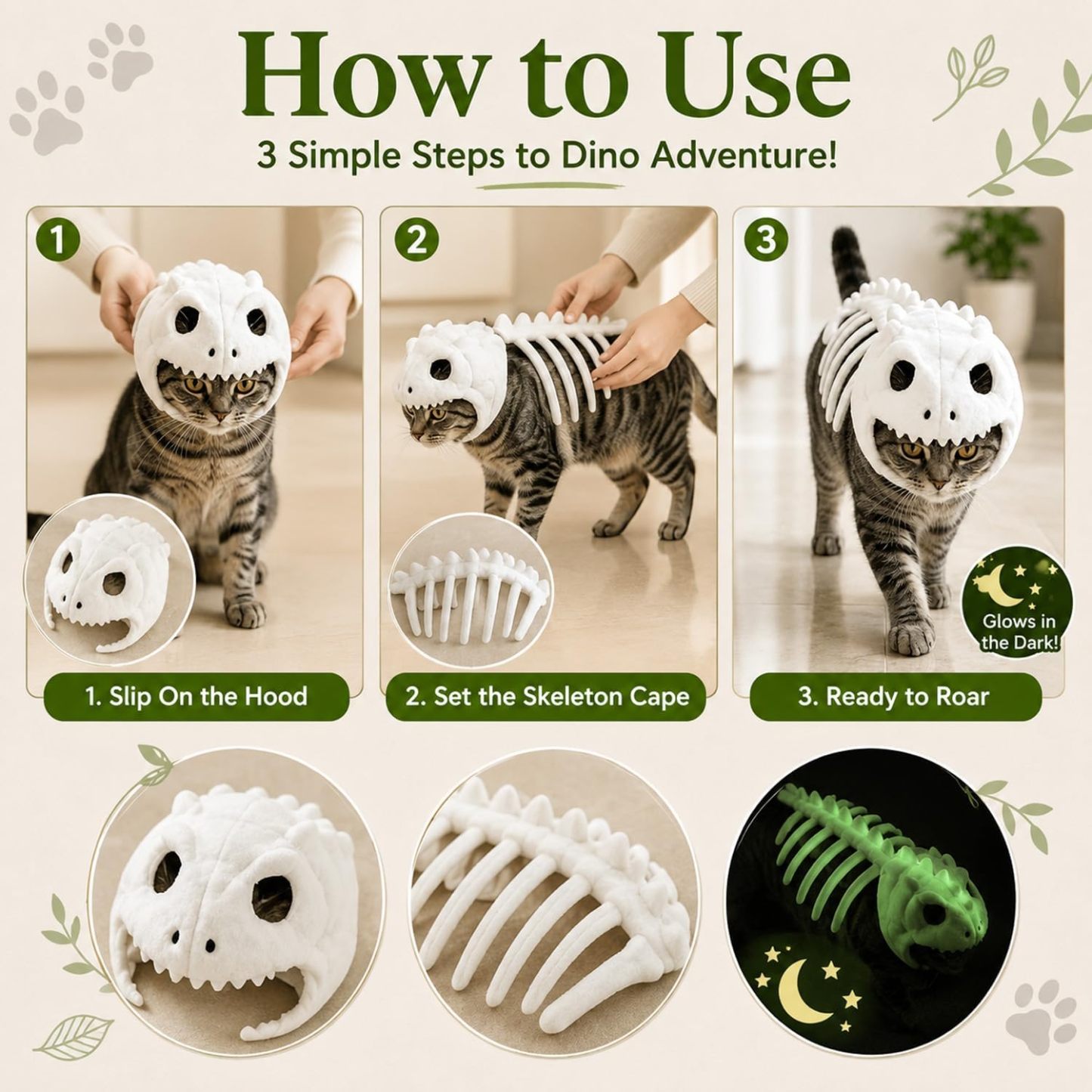 Glow-in-the-Dark Dinosaur Skeleton Cat Costume – Soft Plush Pet Skull Hooded Apparel
