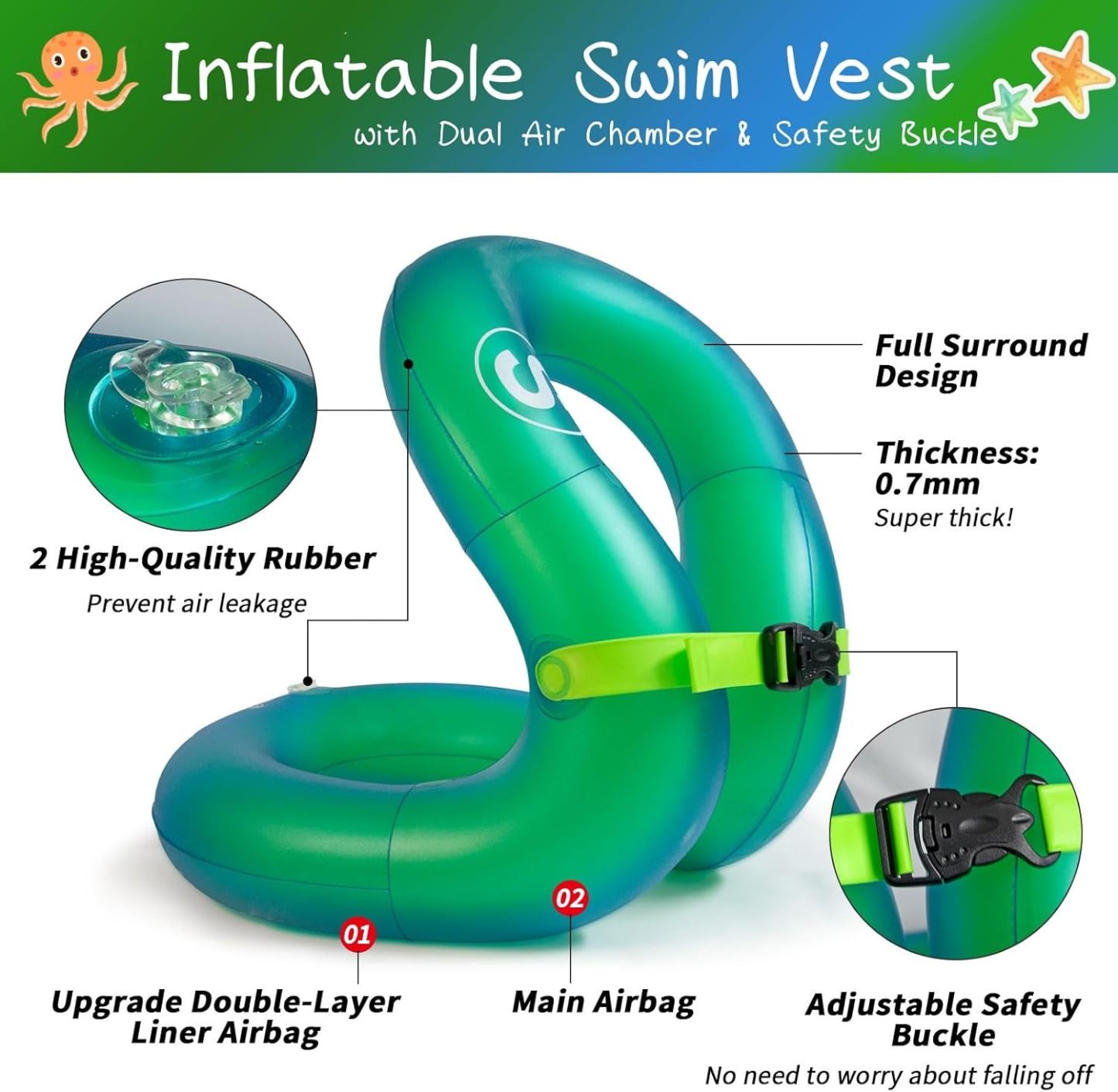 Inflatable Swim Vest for Kids & Adults, Adjustable Swimming Float Jacket, Lightweight Buoyancy Aid for Pool, Beach & Water Sports - 