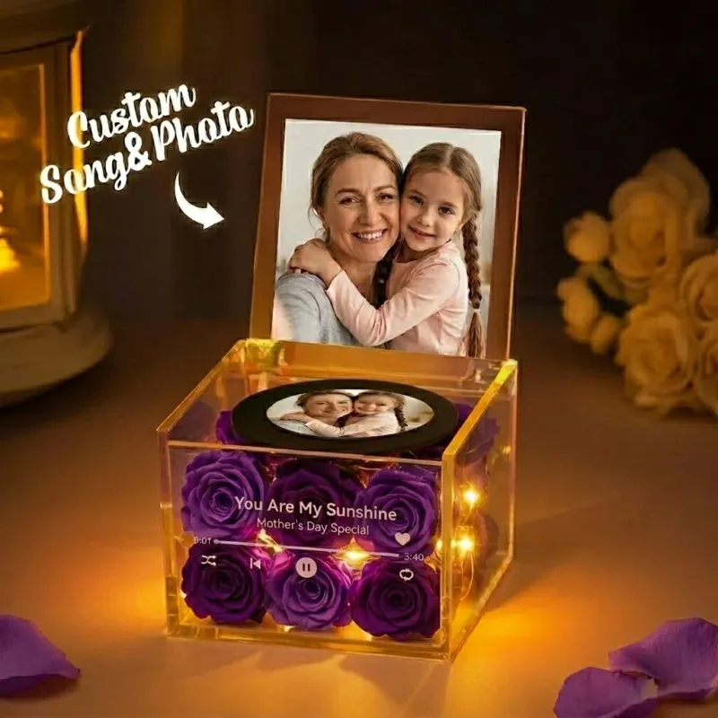 Rose Music Record Auto-Music Player Custom Photo with Light Personalized Music Acrylic Box for Best Mom on Mother's Day - 