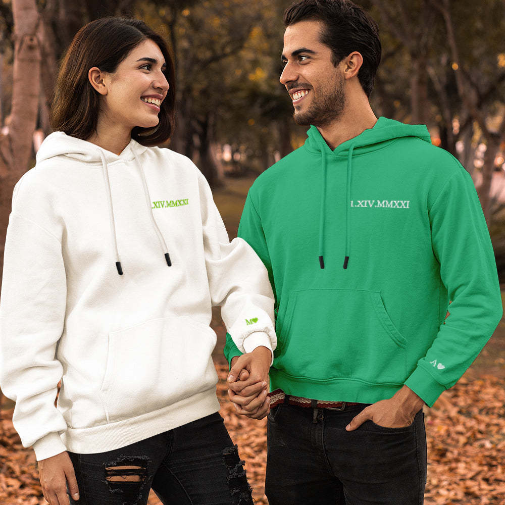 Custom Engraved Hooded Embroidery Round Neck Roman Numeral Date Couple Gifts - 