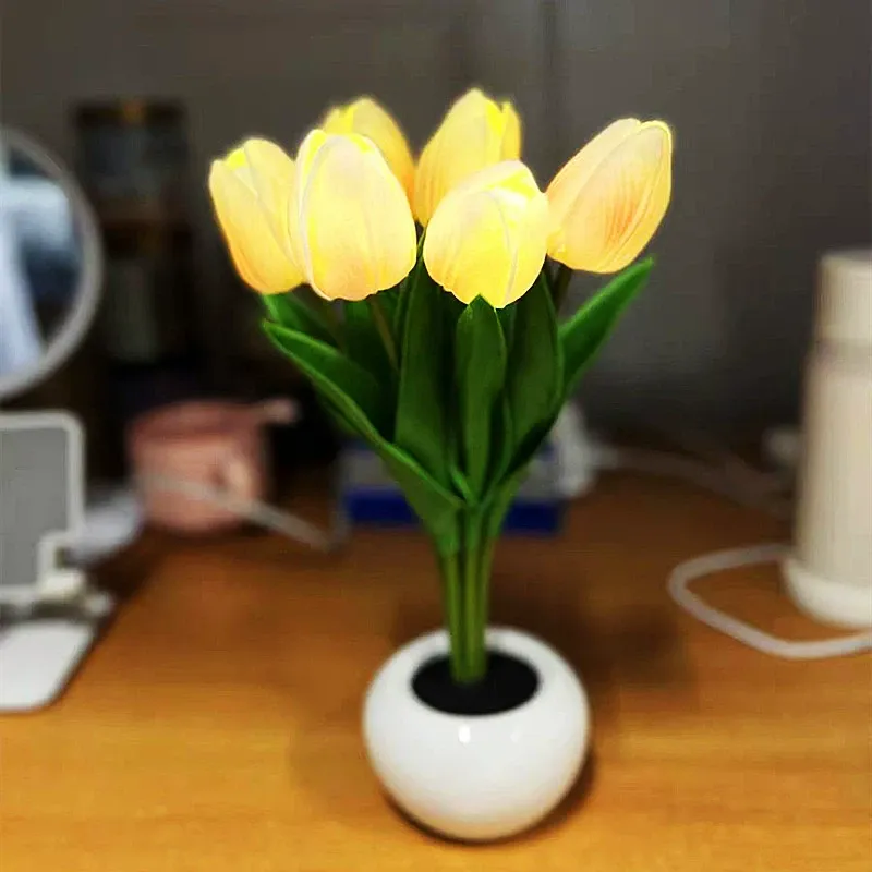 Contemporary Creative Tulip Flower Ceramic PU USB LED Table Lamp For Bedroom