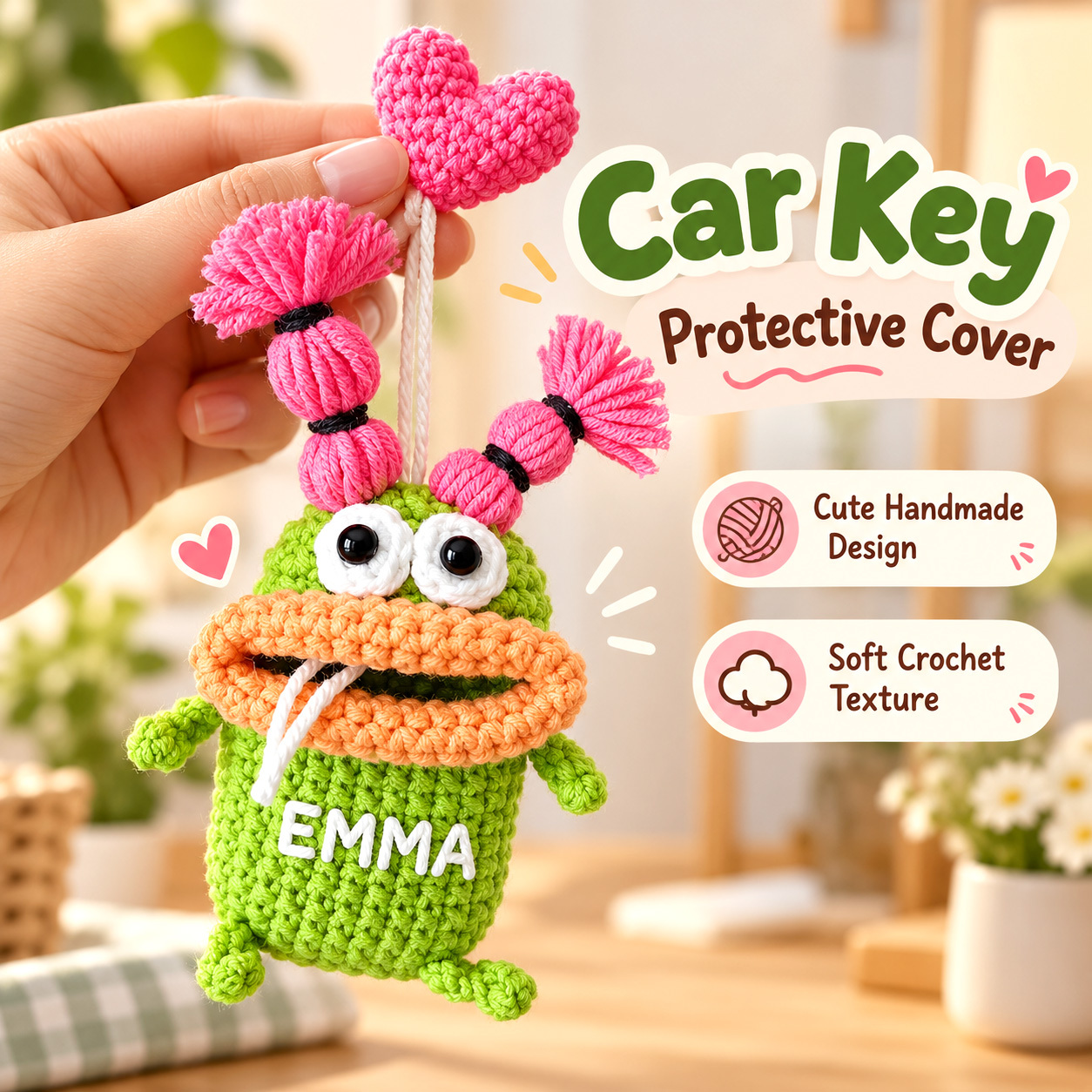 Custom Name Crochet Sausage Mouth Key Holder - Funny Hand-Woven Car Key Protective Case - 