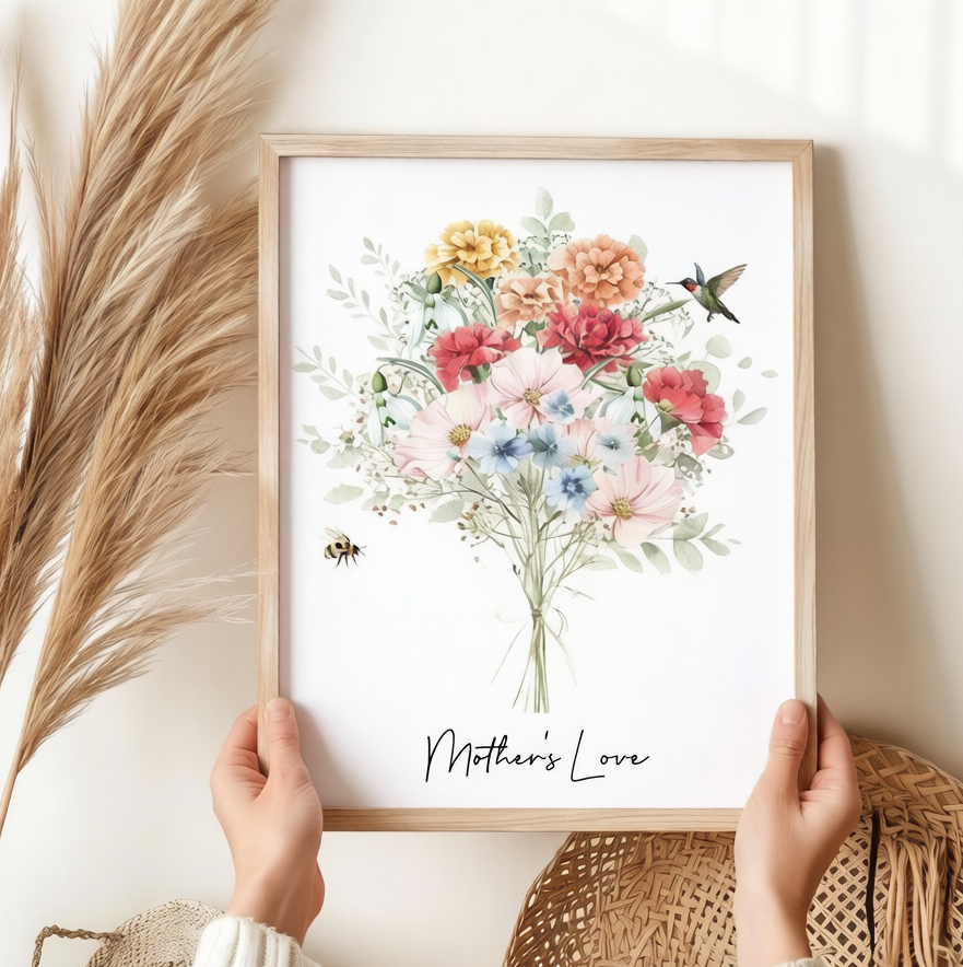 Family Birth Flower Bouquet | Gift for Mom Personalized Watercolor Birth Month Flower Print Mother's Day Gift