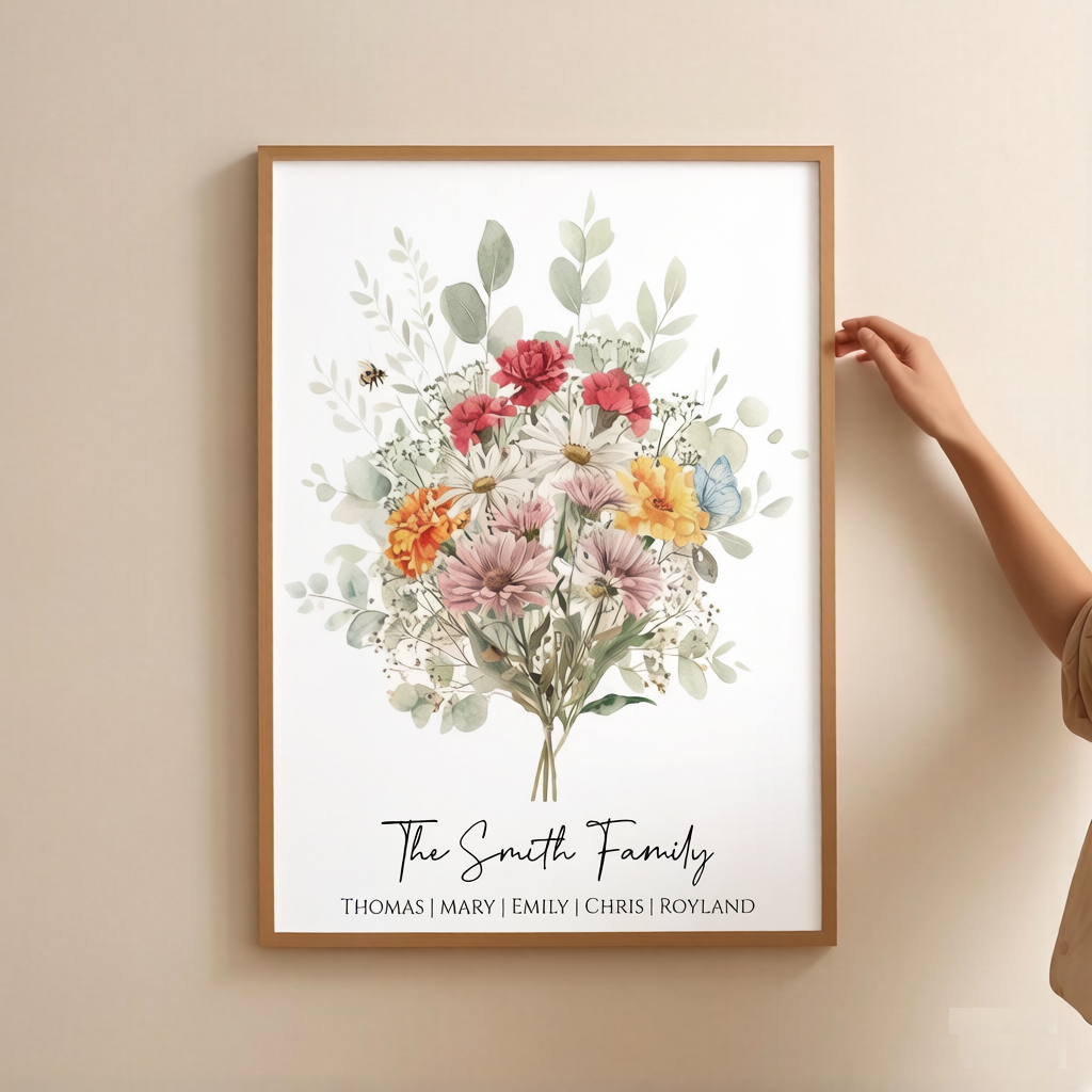 Family Birth Flower Bouquet | Gift for Mom Personalized Watercolor Birth Month Flower Print Mother's Day Gift