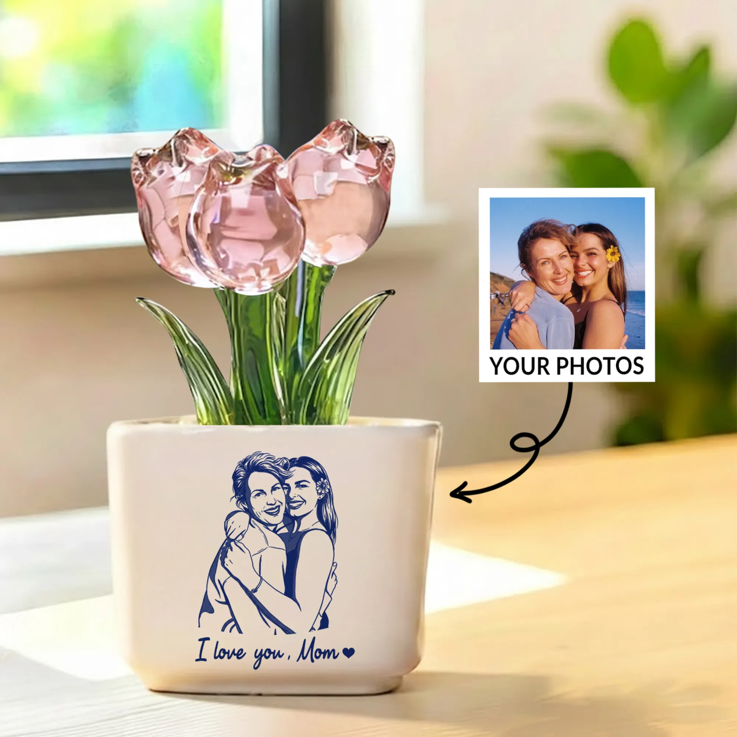 Personalized Photo Glass Tulip Potted Plant - Custom Flower Pot with Picture, Photo Gift for Mom, Mother’s Day Gift, Birthday Gift for Mom - Personalized Photo Glass Tulip