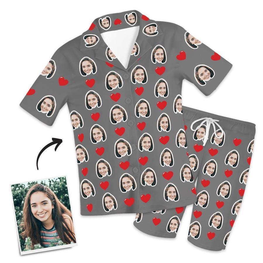 Customized Photo Face Short Sleeved Pajamas - Hearts - 
