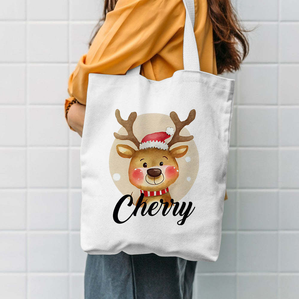 Custom Name Christmas Tote Bag, Christmas Deer Kids Gift Bag, Christmas Present Tote Bag, Christmas Family Gift Tote Bag, Holiday Gift Totes -