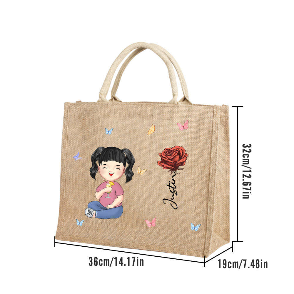 Personalized Cartoon Women Girl Birth Flower Jute Tote Bag with Name Wedding Birthday Gift for Her - Myphotowallet