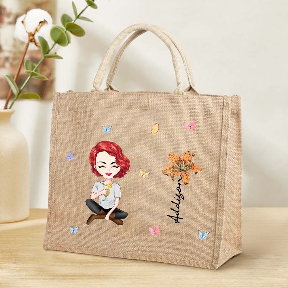 Personalized Cartoon Women Girl Birth Flower Jute Tote Bag with Name Wedding Birthday Gift for Her - Myphotowallet