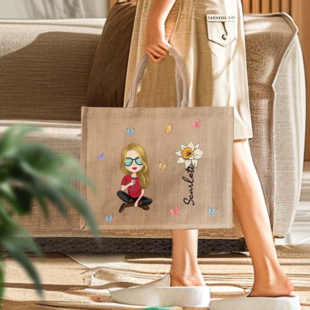 Personalized Cartoon Women Girl Birth Flower Jute Tote Bag with Name Wedding Birthday Gift for Her - Myphotowallet