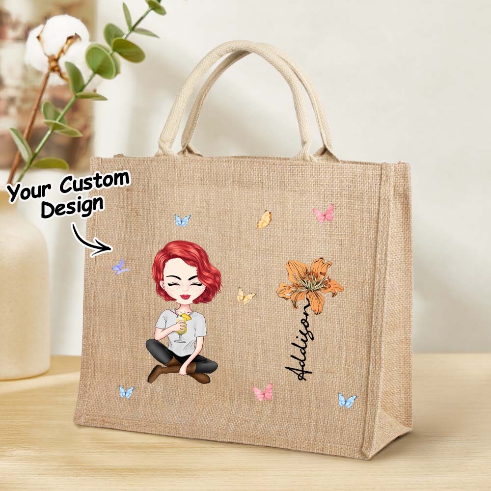 Personalized Cartoon Women Girl Birth Flower Jute Tote Bag with Name Wedding Birthday Gift for Her - Myphotowallet