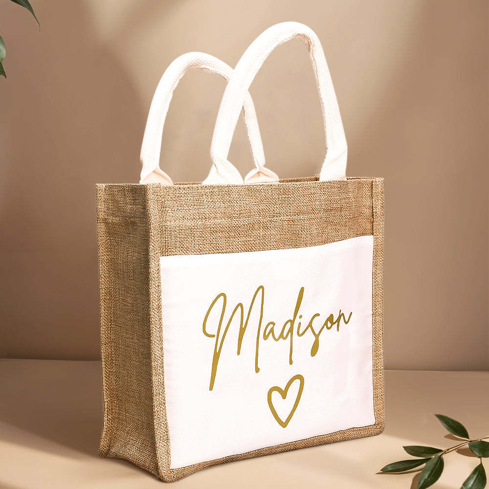 Personalized Jute Tote Bag with Pocket Reusable Beach Travel Accessory Bridal Party Wedding Gift for Her -   - myphotowallet