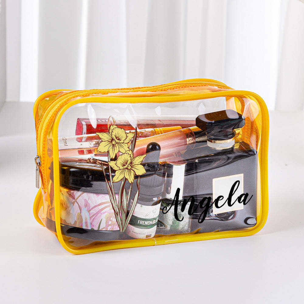 Personalized Birth Flower Clear Makeup Bag Waterproof Cosmetic Bag Wedding Travel Gift for Her - 