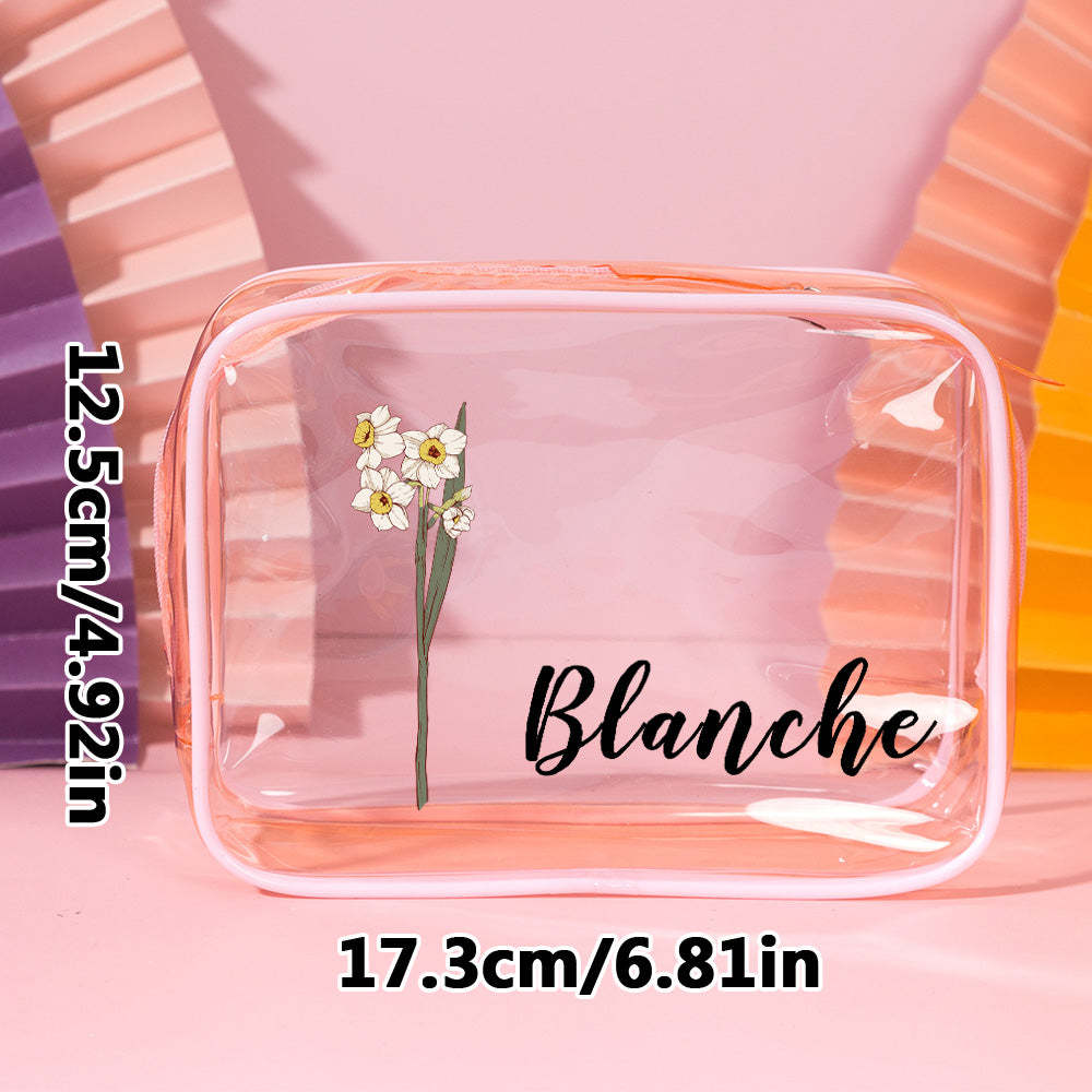 Personalized Birth Flower Clear Makeup Bag Waterproof Cosmetic Bag Wedding Travel Gift for Her - 