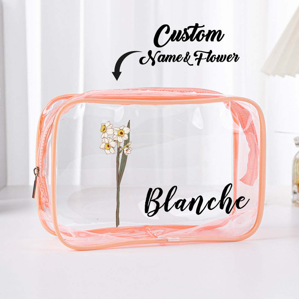 Personalized Birth Flower Clear Makeup Bag Waterproof Cosmetic Bag Wedding Travel Gift for Her - 