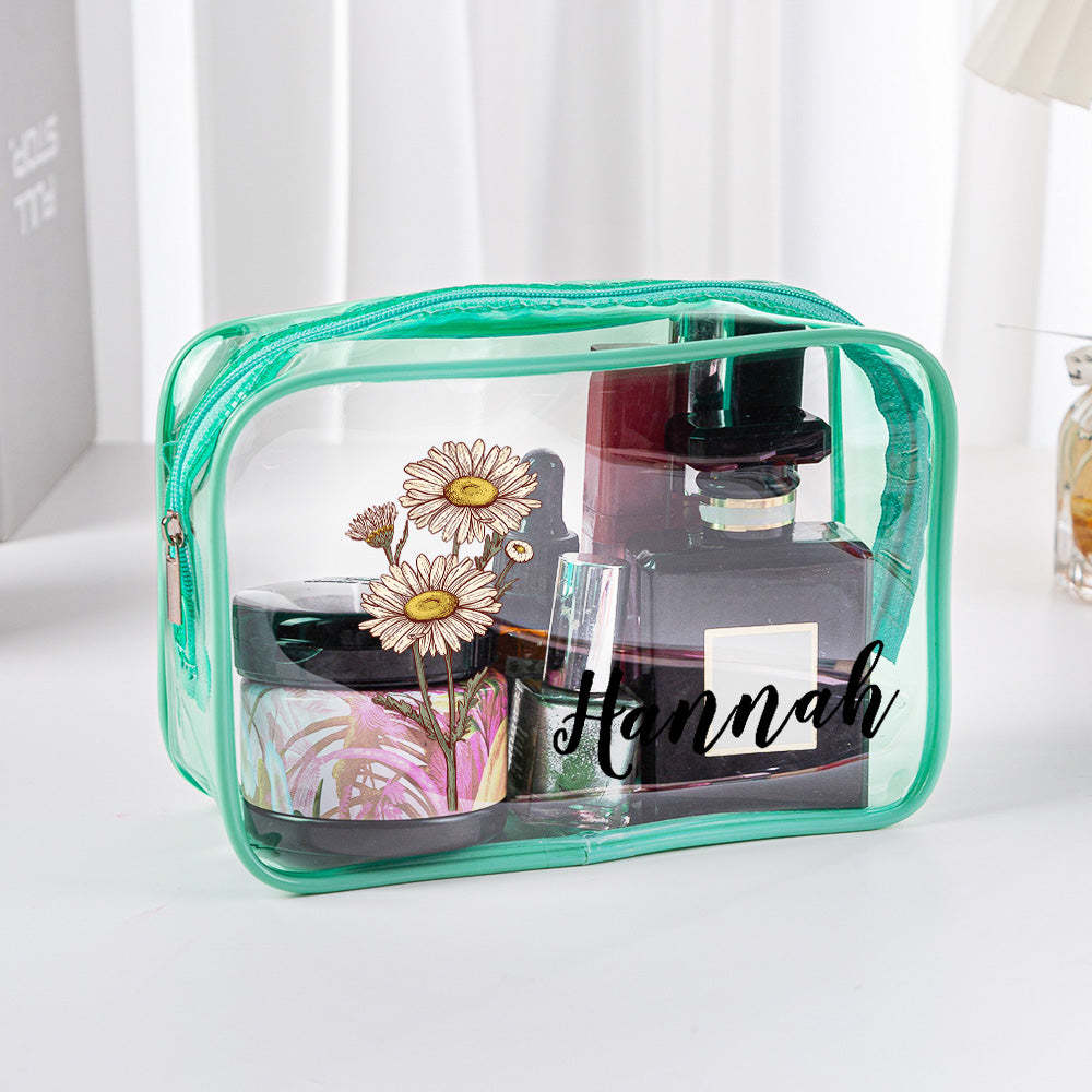 Personalized Birth Flower Clear Makeup Bag Waterproof Cosmetic Bag Wedding Travel Gift for Her - 