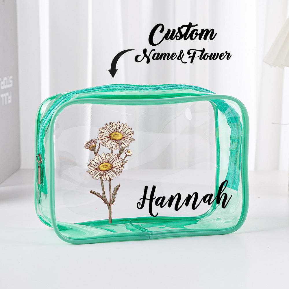 Personalized Birth Flower Clear Makeup Bag Waterproof Cosmetic Bag Wedding Travel Gift for Her - 