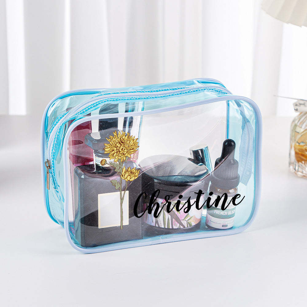 Personalized Birth Flower Clear Makeup Bag Waterproof Cosmetic Bag Wedding Travel Gift for Her - 