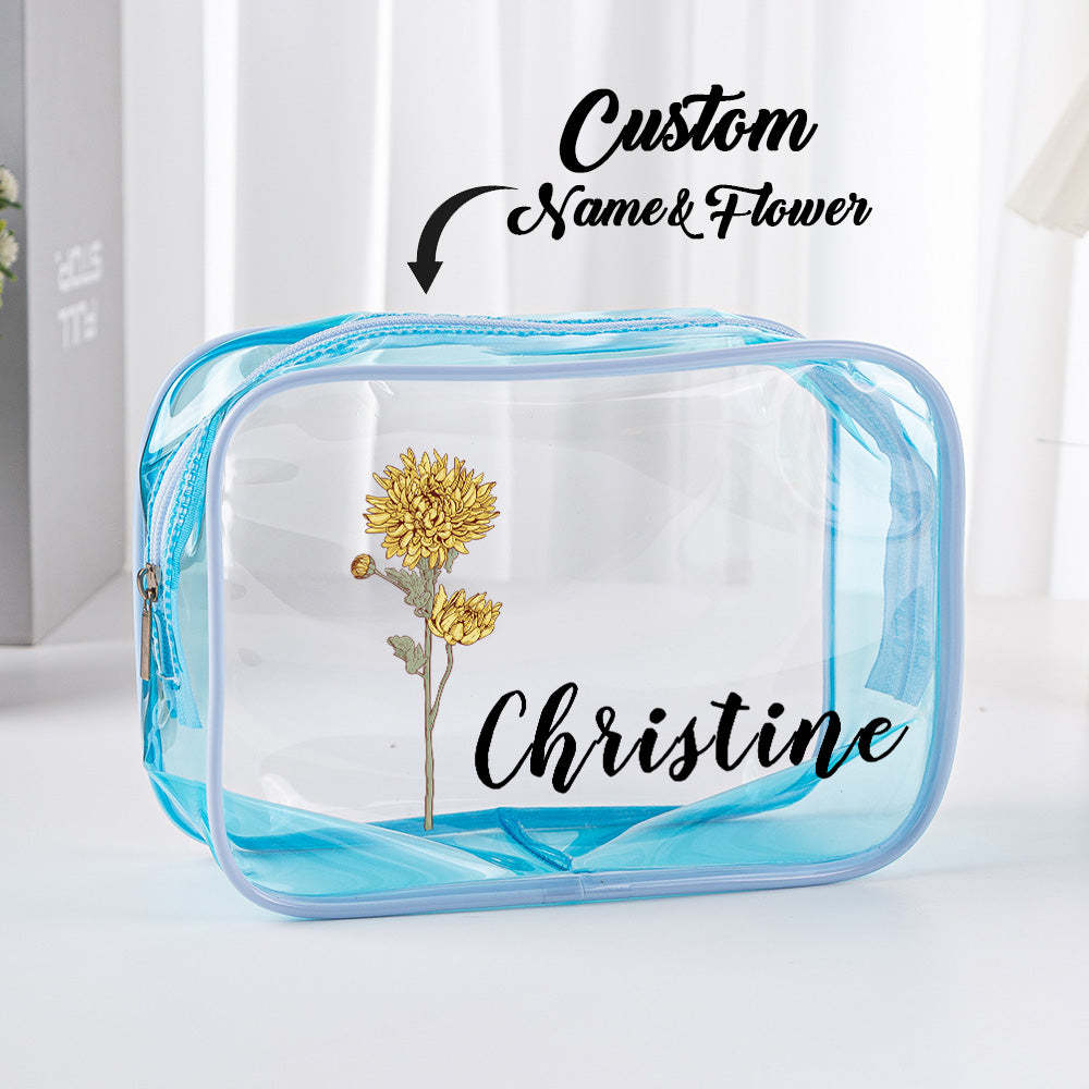 Personalized Birth Flower Clear Makeup Bag Waterproof Cosmetic Bag Wedding Travel Gift for Her - 