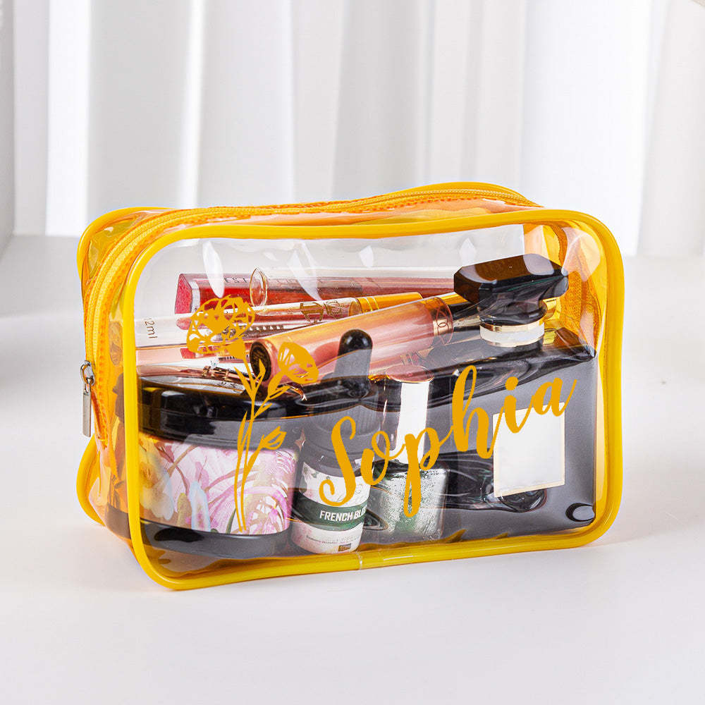 Personalized Birth Flower Name Clear Makeup Bag Birthday Wedding Travel Gift for Her - 
