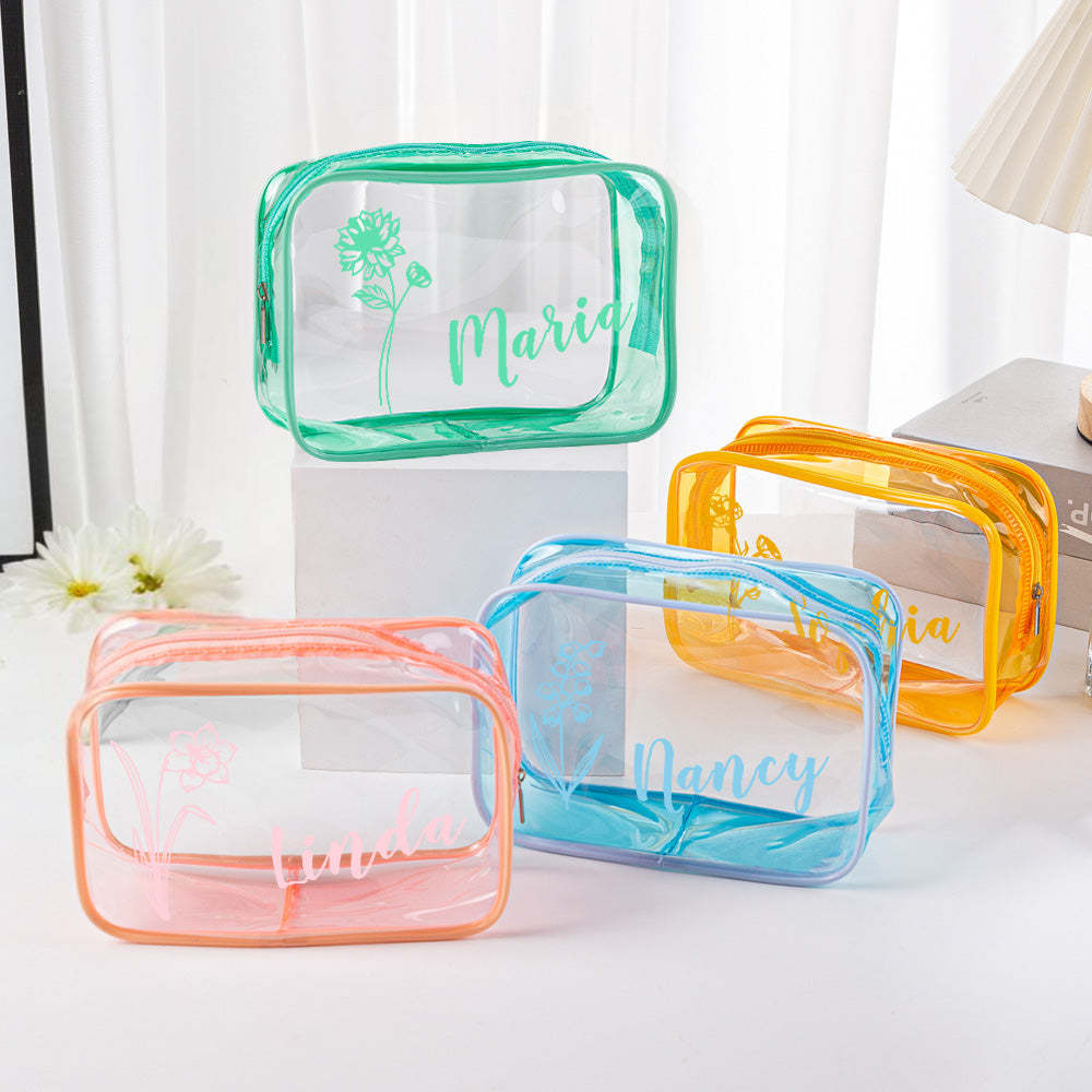Personalized Birth Flower Name Clear Makeup Bag Birthday Wedding Travel Gift for Her - 