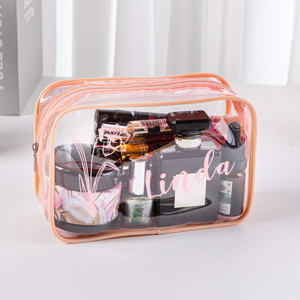 Personalized Birth Flower Name Clear Makeup Bag Birthday Wedding Travel Gift for Her - 