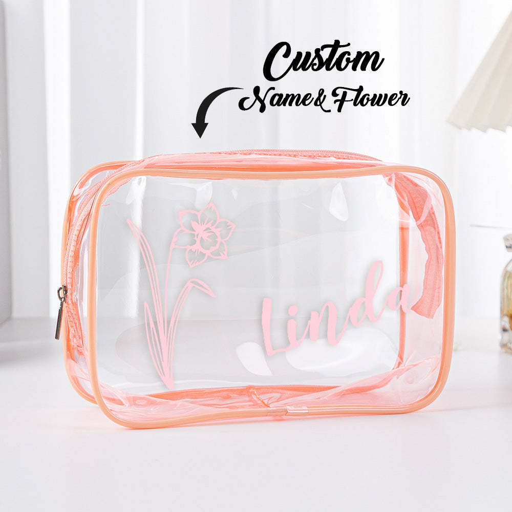 Personalized Birth Flower Name Clear Makeup Bag Birthday Wedding Travel Gift for Her - 
