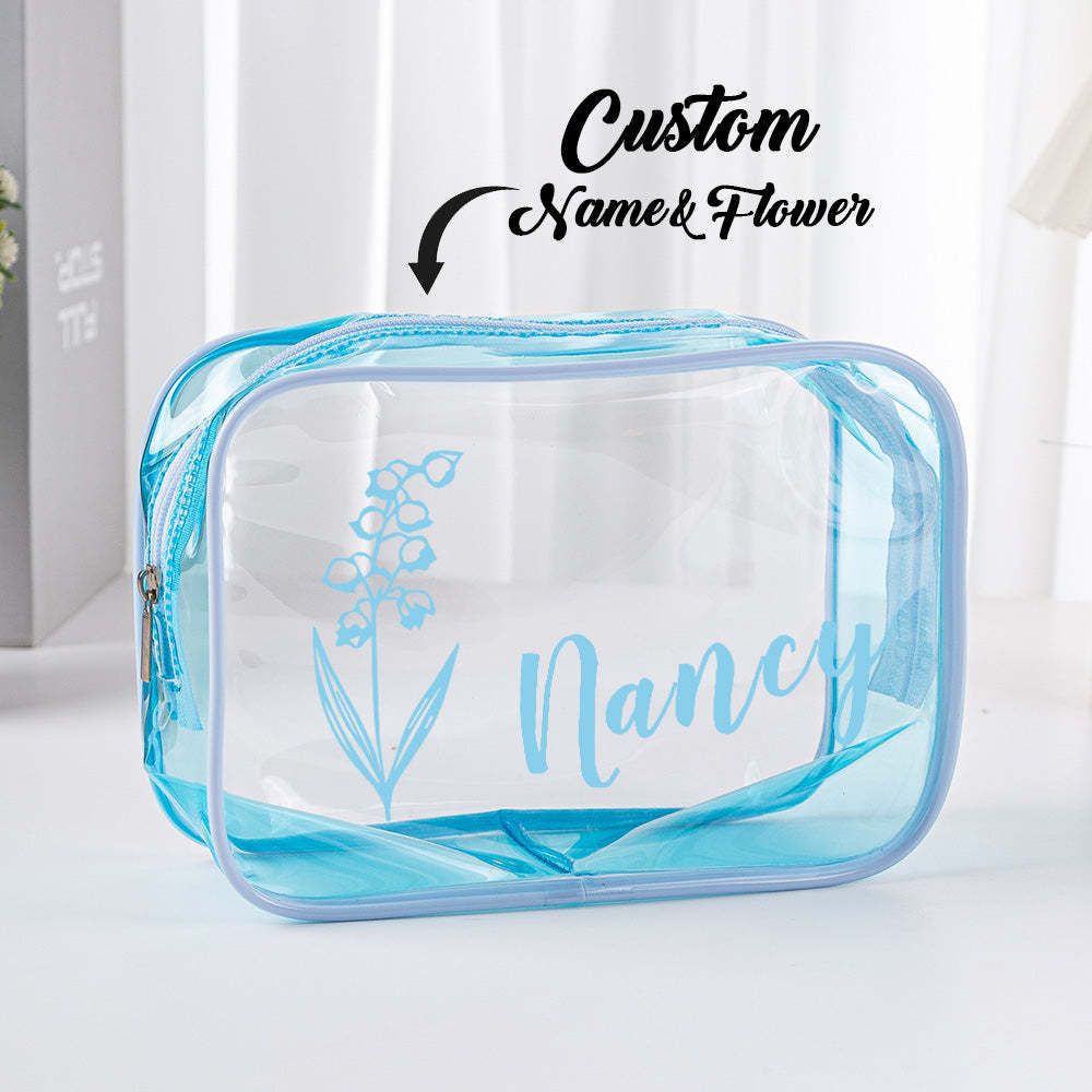 Personalized Birth Flower Name Clear Makeup Bag Birthday Wedding Travel Gift for Her - 