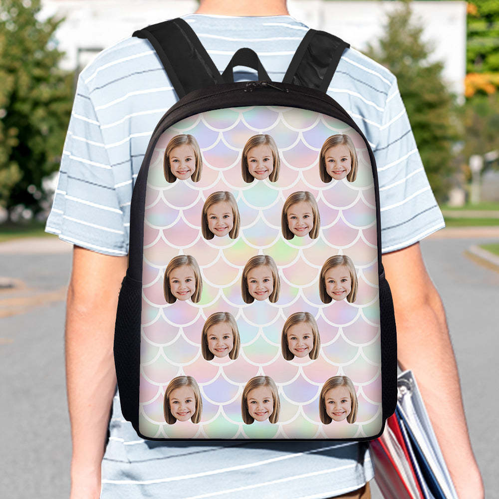 Custom Face Backpack Personalised Mermaid Color School Bag for Students - 
