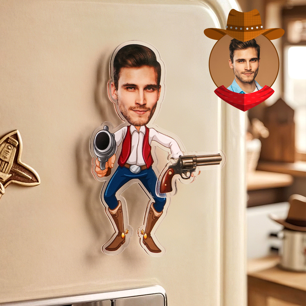 Custom Face Photo Western Cowboy Fridge Magnet with Rolling Piece