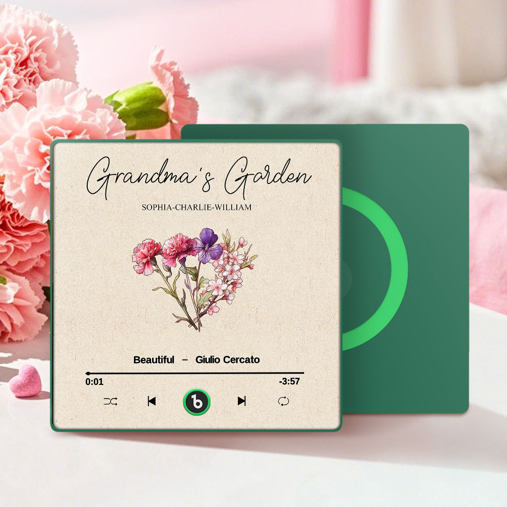 Grandma's Garden Retro Birth Flower Bouquet Personalized Music Fridge Magnet, Gift for Grandma, Mom